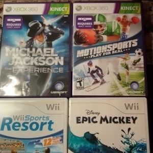 Four vintage Wii games and two Xbox 360 games & a guitar hero game 7 games n all